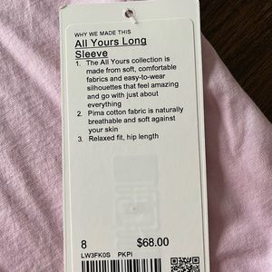 NWT Lululemon size 8 all yours long sleeved top